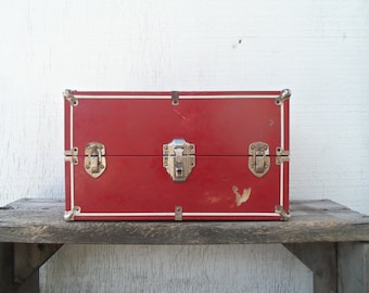 Vintage Red Metal Doll Wardrobe Trunk