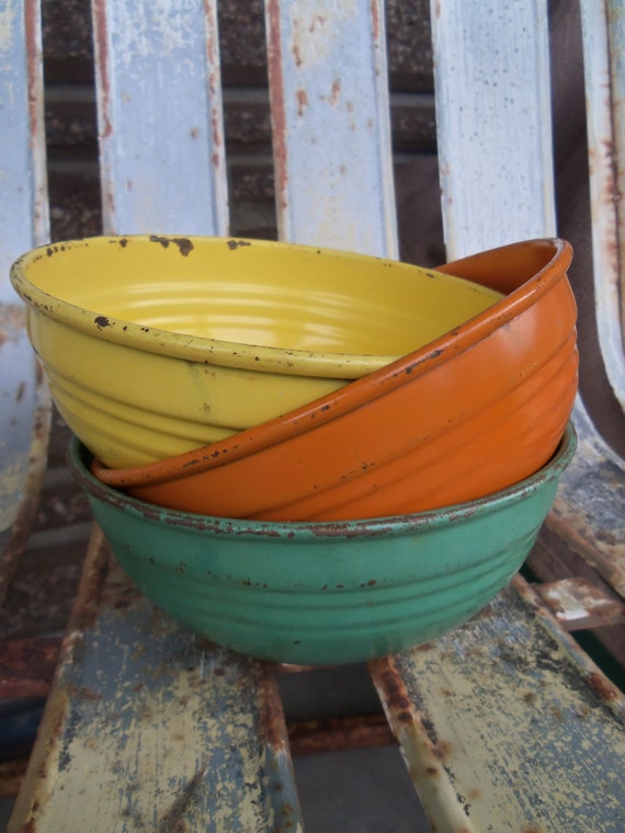 Set of Three Vintage Metal Enamel Bowls