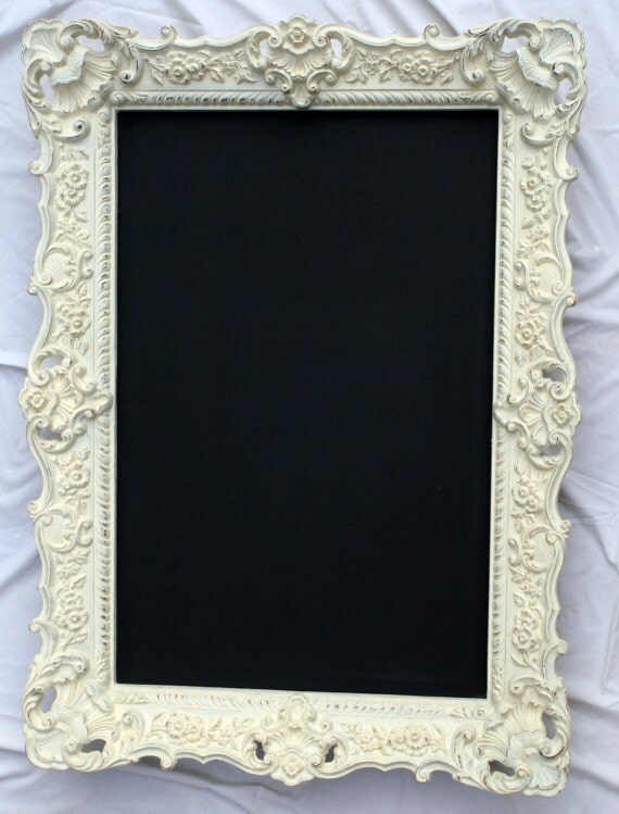 Large ORNATE Old White Framed CHALKBOARD by