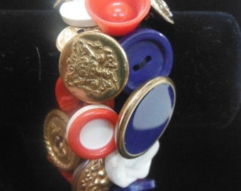 Vintage Button Bracelet, Red, White & Blue, 1960's