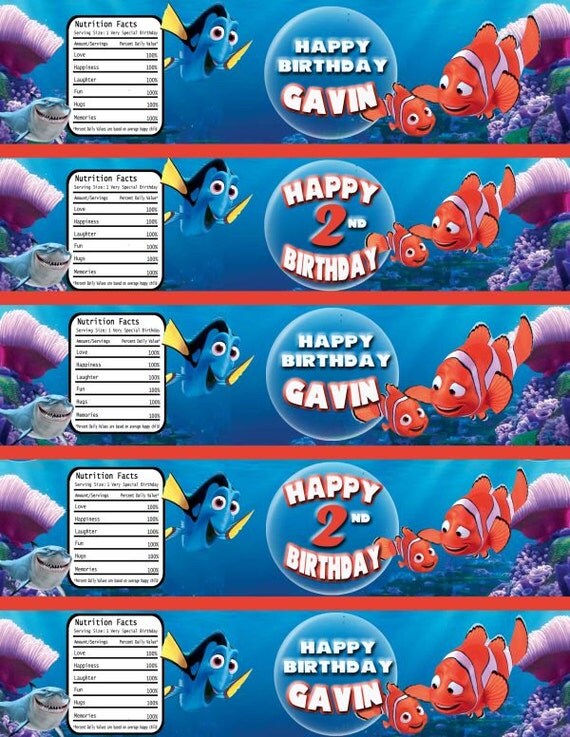 Finding Nemo and Dory Water Bottle Labels Birthday Party