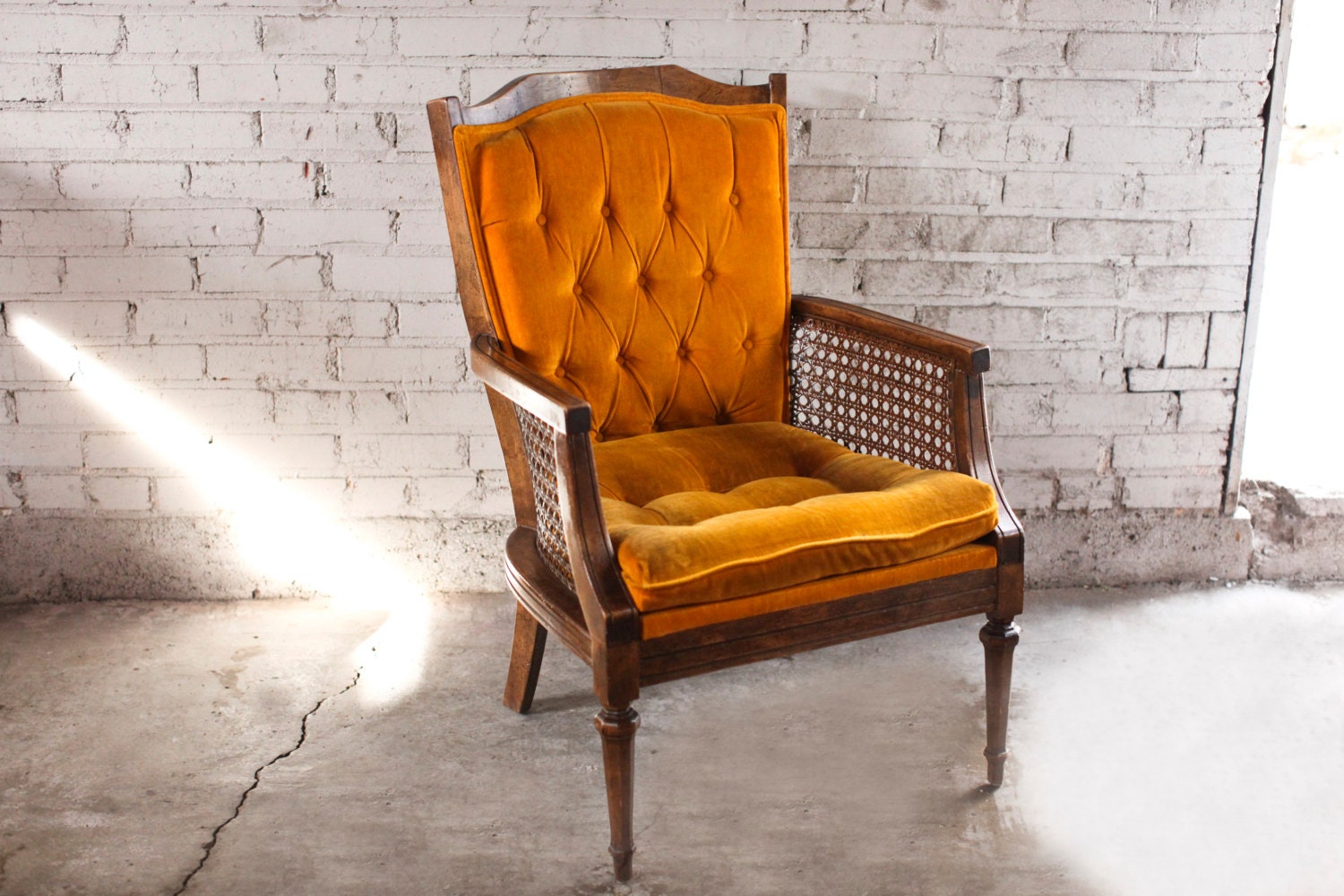 Vintage Orange Velvet Tufted Cane Accent Chair