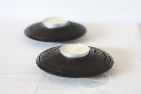 Set of two black wooden candle holders. Handmade in France.