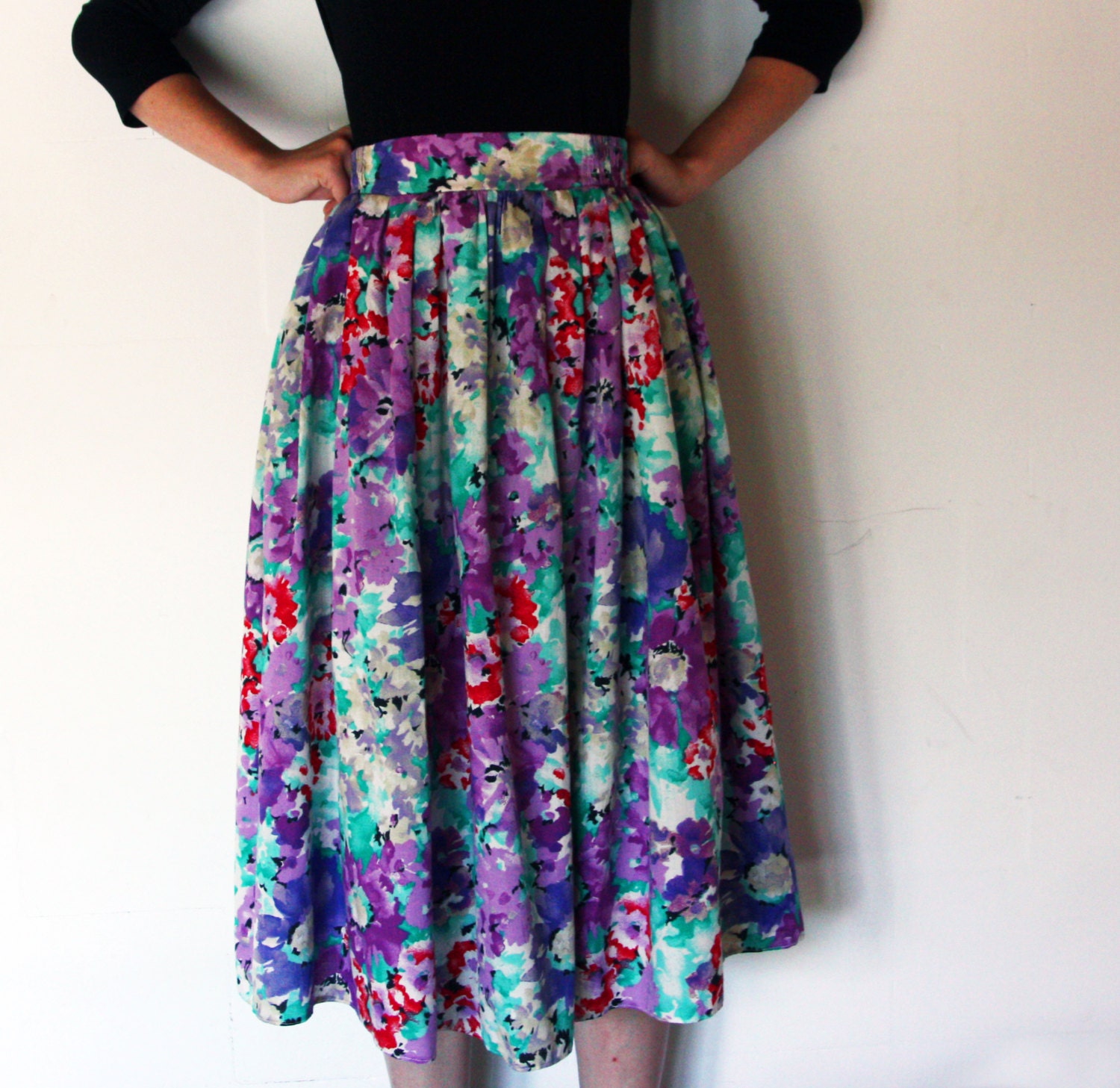 80's floral watercolor pattern midi skirt violet green