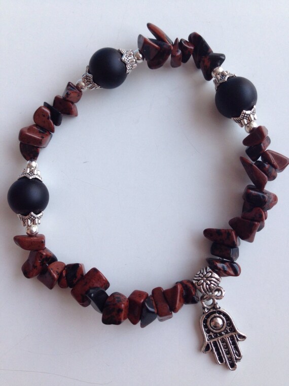 BRACELET B088 Mahogany obsidian black onyx and Hamsa charm