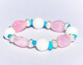 Delicate white, pink and turquoise blue bracelet. Handmade beaded bracelet. Bracelet from semiprecious stones.