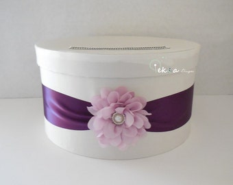 Wedding card box / money box / card holder / gift card box / 1 Tier (White & Purple) - round