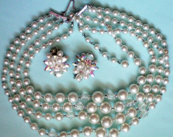 Four Strand Faux Pearl Necklace with Clip Earrings - 2843