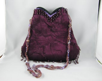 Crushed Plum Evening Bag,Cocktail Bag, Fringe Bead, Glass Bead Handle ...