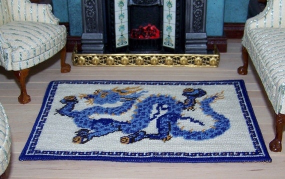 One 12th Scale Rug Chinese Dragon in Blue by WhimsyWooMiniatures
