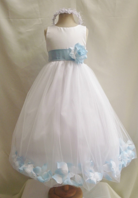 Flower Girl Dresses WHITE with Blue Sky Rose by NollaCollection