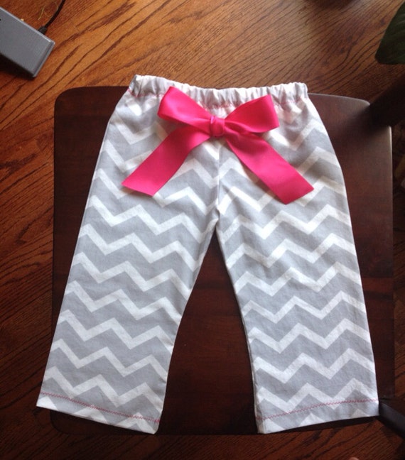 Items similar to Grey Chevron Pants with Hot Pink stitching and bow on Etsy