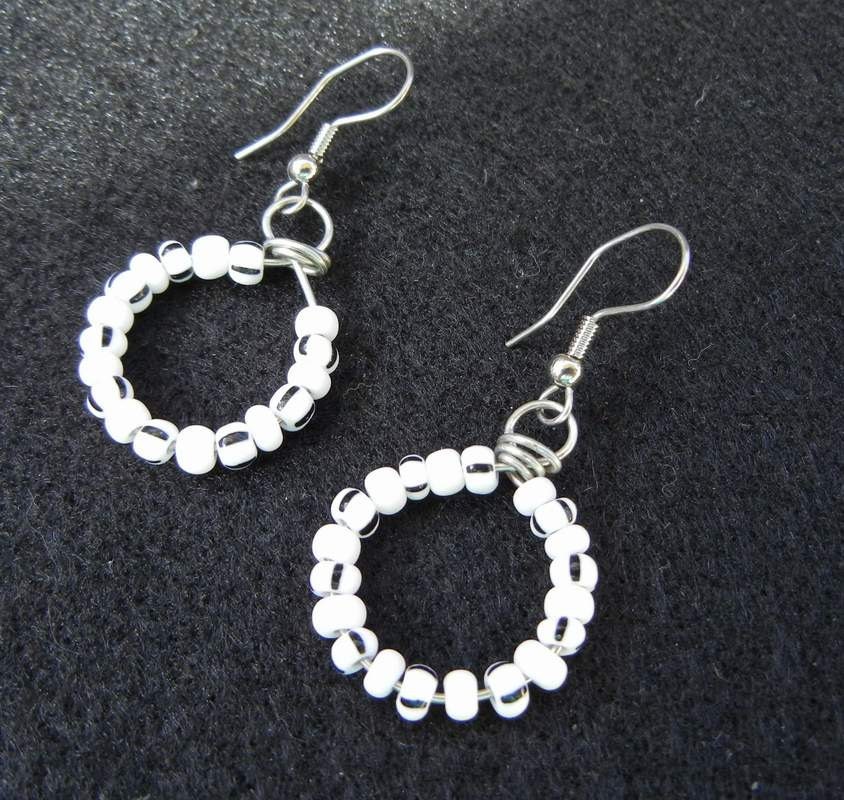 Black and White Glass Bead Hoop Earrings on Silver Tone Wire