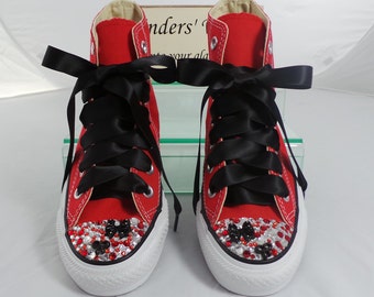 Red customised high tops / Bow converse / bling toe red converse / bow converse / unique sneakers / red sneakers