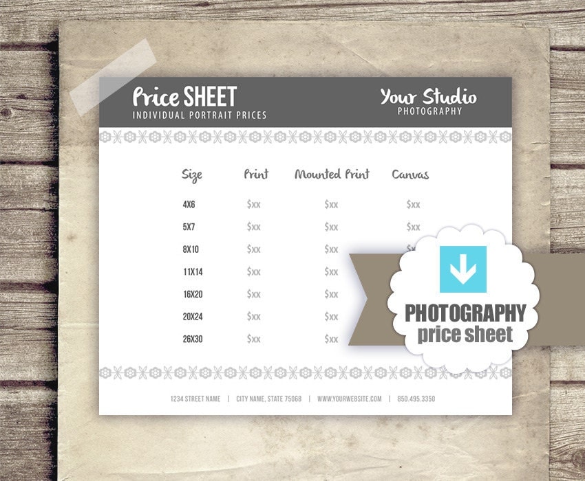 photography price list pricing sheet for photographers price sheet