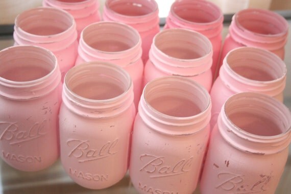 SET OF 12 - Rustic Light Pale Pink Painted Mason Jars  - Wedding Decorations - Pink Wedding Centerpiece - Shabby Chic Wedding Decor