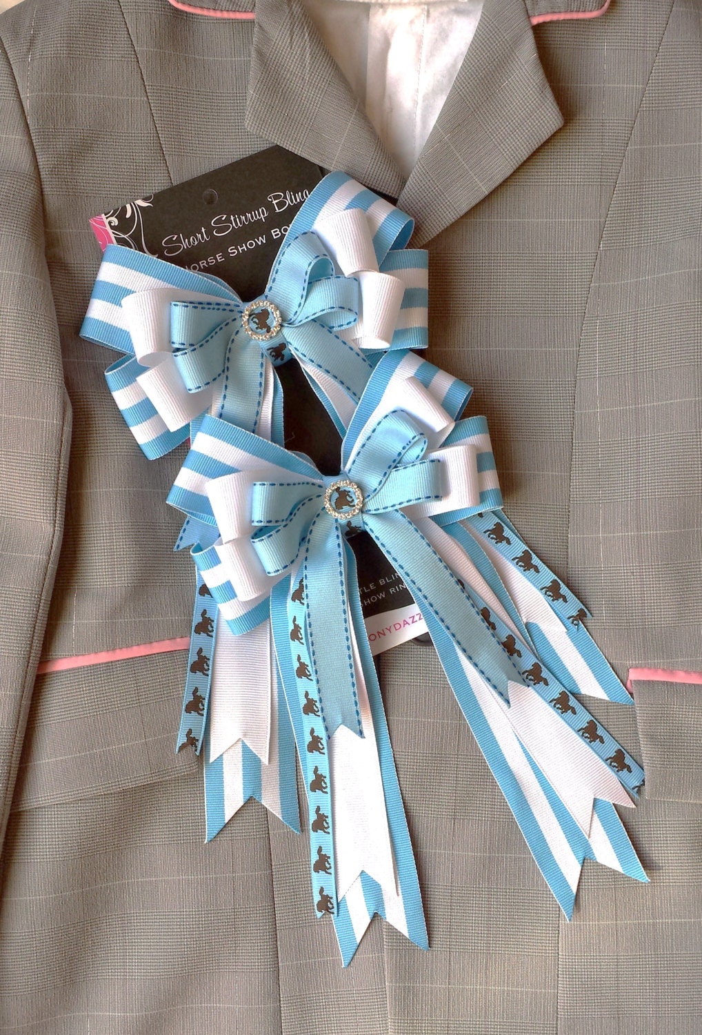 Pair of Medium Horse Show Bows w/ Tails Blue & White