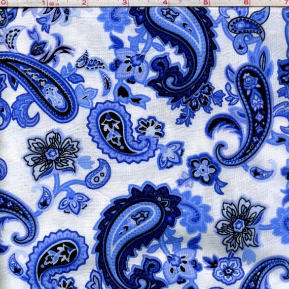 Blue White Paisley Cotton fabric per yard by FabricGiantUSA