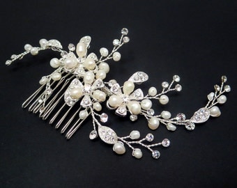 Bridal hair comb, Bridal hair vine, Wedding headpiece, Freshwater pearl hair comb, Pearl hair vine, Rhinestone hair comb, Vintage wedding