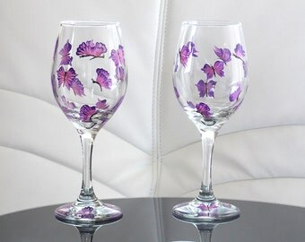 Set of 2 Hand Painted Wine Glasses Purple Butterflies Hand Painted Glassware Stemware Painted Glass Custom Personalized Wedding Anniversary
