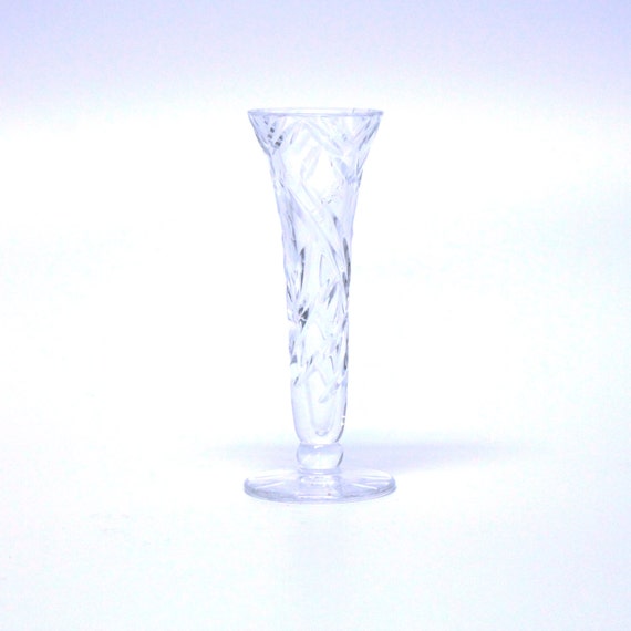Small crystal glass bud vase with etched flower design
