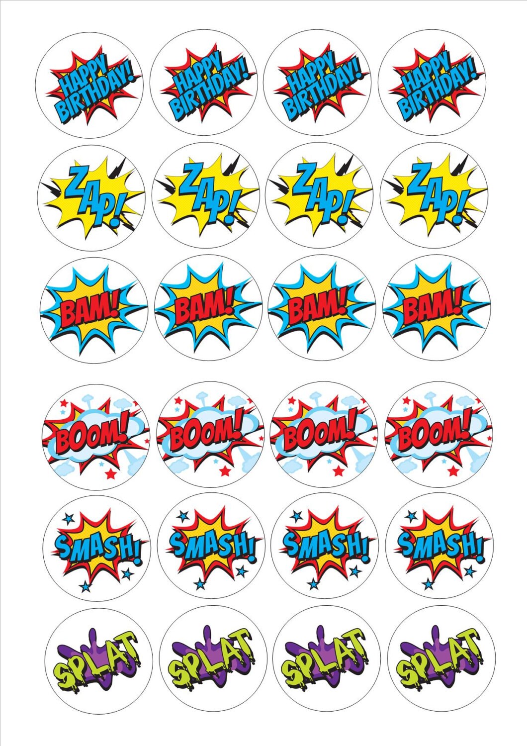 24 Cake Topper decorations 6 designs pow super hero by