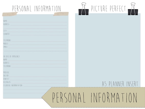 Personal Information Planner Printable Filofax A5 Trendy