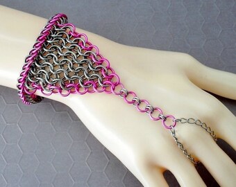 Pink & Silver Chain Mail Slave Bracelet Handflower Aluminium Stainless Steel