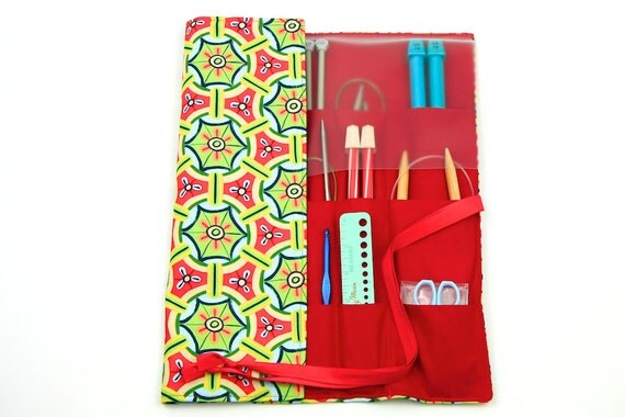 Knitting Needle Case - Misaki - IN STOCK multi 30 red pockets for straights, circulars and double pointed needles