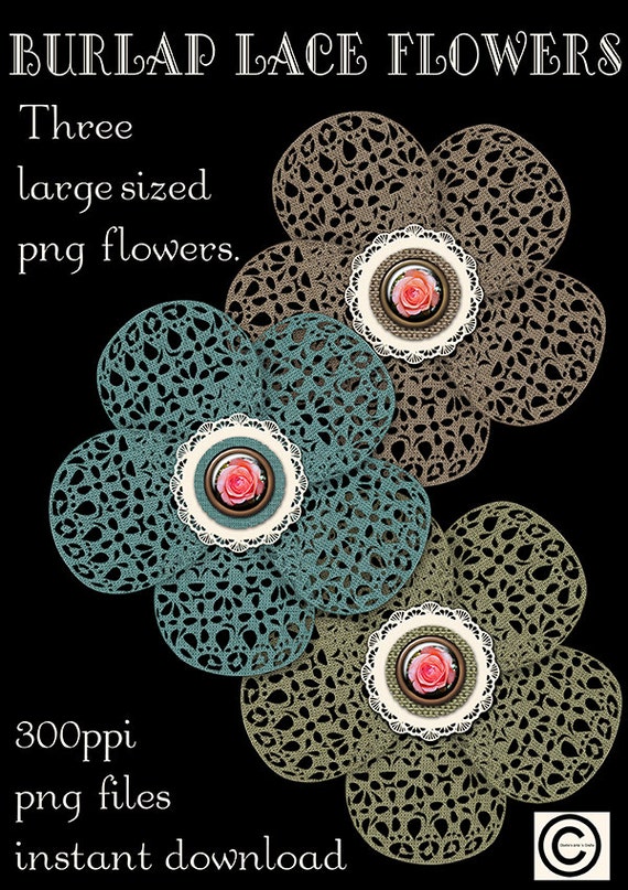 Burlap Lace Flowers Graphics Instant Download Digital Art PNG
