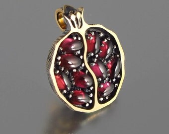 Small JUICY POMEGRANATE garnet 14k gold & silver pendant - Ready to ship