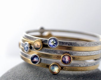 Stackable Bracelets- Galaxy Space stacked Bangles - Universe Jewelry - Petite Solar System Planet and Nebula Bracelet - Space Jewellery