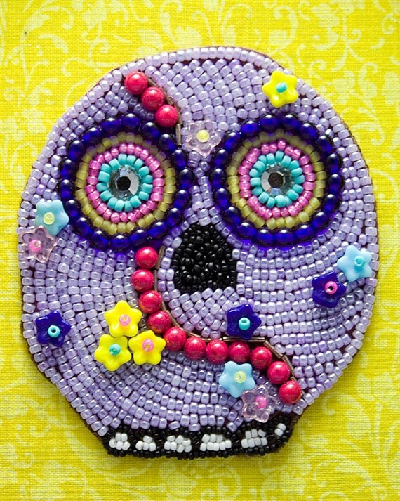 Small Sugar Skull // Purple // Bead Embroidery by ThreeFatesDesign