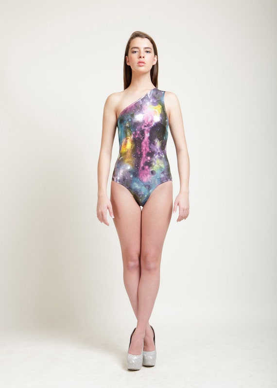 Shimmering Galaxy Print One Piece Assymetrical Bathing Suit