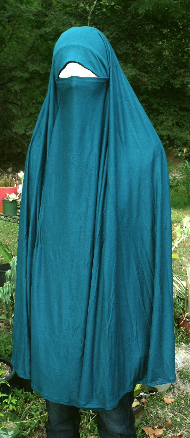 Pak Chador Khimar with attached niqab dark turquoise blue