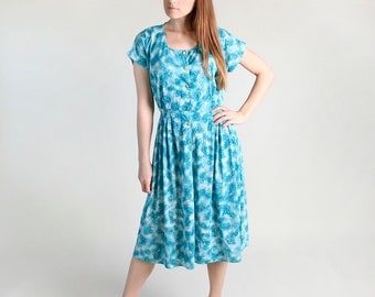 Vintage 1960s Dress - Turquoise Floral Watercolor Day Dress - Large