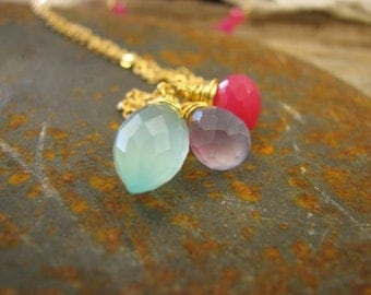 Necklace 16 k gold plated chalcedony briolettes, gemstone necklace, bridesmaid gift, wedding