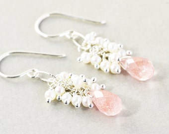 Cherry Quartz Dangle Earrings, Pearl Cluster Earrings, Salmon Pink Earrings