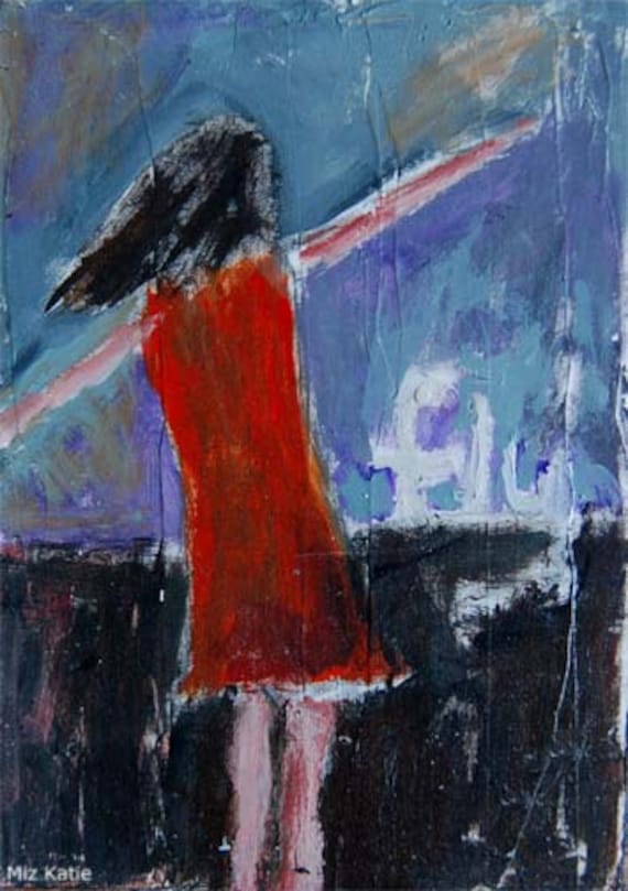 Acrylic mixed media 5x7 original whimsical painting - Fly, girl with her arms outstretched