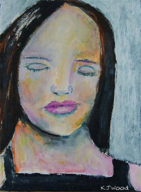 Acrylic Portrait Painting on Canvas, Unsuspecting, Black Dress, Dark, Girl, Eyes Closed, Gray, Original 9x12 Canvas