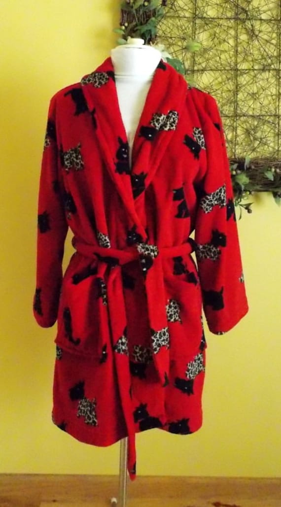 Adonna red plush front tie robe Scottish terrier by BumblePuppy