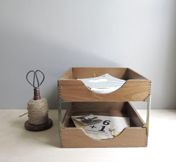 mid century wood office file / desk inbox / paper tray