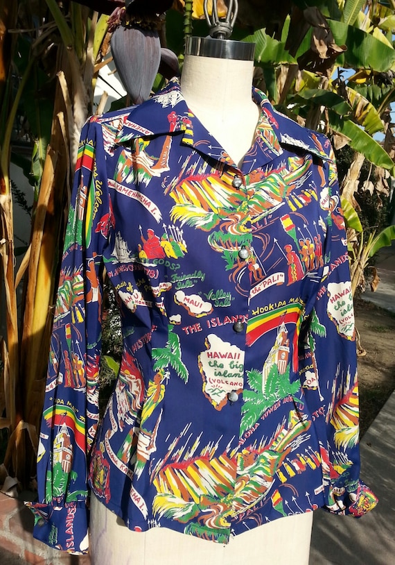 Ready to ship Hawaiian theme 1940s style rayon long sleeve blouse with NOS 40s buttons XS only
