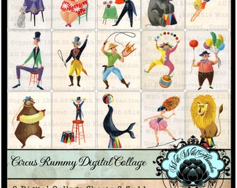 Circus Digital Collage Sheets, Vintage Rummy Circus Art Images, or Illustrations for Mixed Media or Collage
