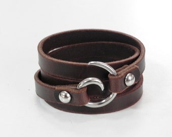 Brown Leather Wrap Bracelet Leather Cuff with Spiral Stainless