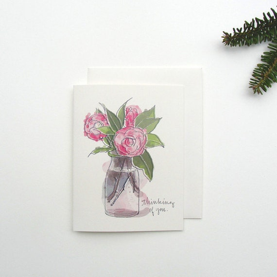 Soft Pink and Green Camellias Thinking of You by anopensketchbook