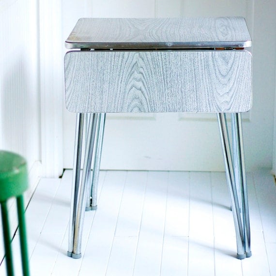 Grey Faux Bois Drop Leaf Formica and Chrome Table wood grain