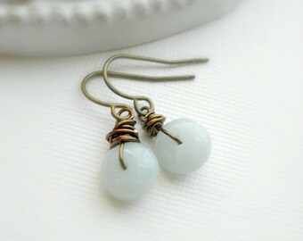 Amazonite Drop Earrings In Antiqued Brass, Blue Stone Dangle Earrings, Light Blue Stone Earrings, Wire Wrapped, Pastel Blue