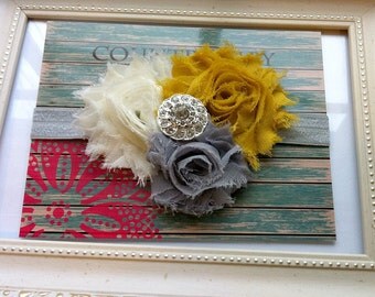 Shabby Rose Baby Headband Mustard and Grays...Shabby Rose headband...Mustard and Gray Headband...Mustard Baby headband...Newborn Headband