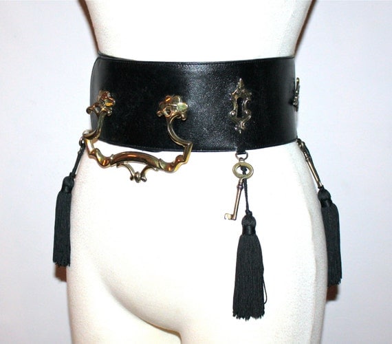 MOSCHINO REDWALL Vintage Belt Black Leather Lock Key Doorknocker Tassel - AUTHENTIC - by StatedStyle steampunk buy now online